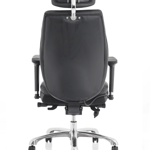 Showing back view of the black  leather home office chair with headrest and armrests and chrome  5 star base with castor wheels.