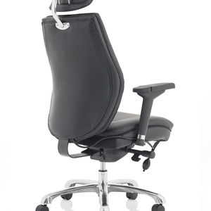 Side view of the black leather home office chair with contoured headrest and contoured backrest with pocket spring seat cushioned seat pad , with 5 star chrome base, with castor wheels.