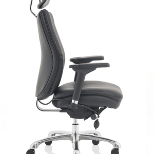 Left side viw of the leather domino home office chair with contoured backrest, with pocket sprung cushioned seat pad , with chrome 5 star base with castor wheels.