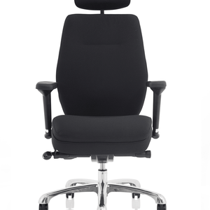 Front viw of the domino home office chair in black fabric with conmtoured backrest and headrest, with pocket sprung seat cushioned pad with soft padded armrests. with chrome 5 star base with castor wheels.