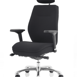 Showing right angle of the fabric donino home office cxhair, with contoured headrest and contoured backrest with pocket sprung cushioned seat pad, with soft padded armrests, and chrome 5 star base ,with castor wheels.