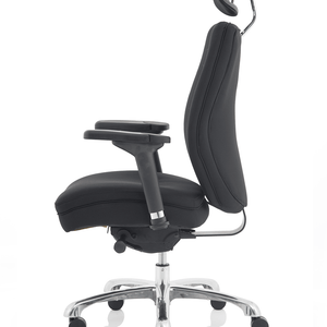 side view of the leather home office chair with contoured backrest with pocket sprung seat cushioned pad dish seat deign. with chrome 5 star base.and castor wheels.