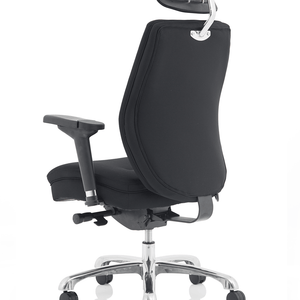 Side view of the black fabric domino home office chair , with contoured backrest with pocket sprung seat cushioned pad with soft padded armrests, with chrome 5 star base with castor wheels.