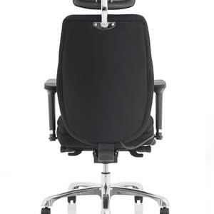 Back view of the leather domino home office chair , with soft padded armrests and chrome 5 star base .