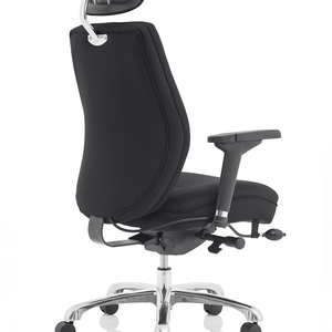 RIght side view of the  black fabric domino home office chair with contoured backrest with pocket sprung cushioned seat pad , with chrome 5 star base with black castor wheels.