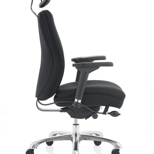 Side view of the black fabric domino home office chair with contoured backrest with pocket sprung seat cushioned seat pad with soft padded armrests, with chrome 5 star base .