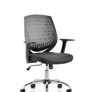 Showing the dura operator chair,with Air mesh fabric  curved backrest with air mesh fabric seat.with fixed nylon armrests,single lever mechanism,weight tilt control chrome gas liftand chrome 5 star base with castor wheels.