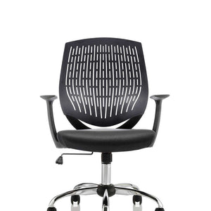 Front view of the black nylon air mesh contoured backrest and air mesh fabric seat , single lever lock and tiilt mechanism .weight tilt control,chrome gaslift with chrome 5 star base.