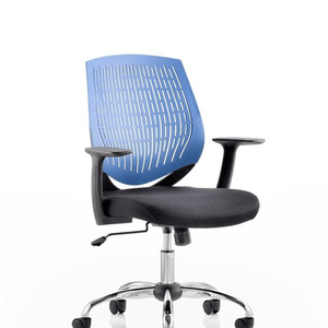 Showing the Dura chair in Stevia blue air mesh nylon backrest, with fabric cushioned seat.in black. with armrests,and single leverock and tilt mechanism ,weight tilt control, gas chrome lift, and chrome 5 star base.