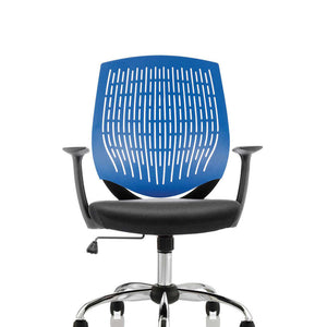 Front view of the stevia blue airmesh backrest and fabric seat with single leverlock and tilt mechanism,fixed nylon armrests.chrome gaslift with chrome 5 star base.