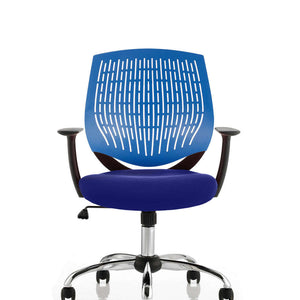 Showing the dura chair in stevia blue coloured air mesh backrest and air mesh fabric seat fixed armrests with chrome 5 star base. 