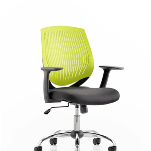 Showing the dura office chair in Myrrh green  air mesh  curved backrest and black fabric cushioned seat , with folding armrests and chrome 5 star base and chrome gas lift .