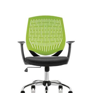 Showing the Myrrh green coloured air mesh curved backrest, with cushioned black fabric seat cushion , chrome gas lift with chrome 5 star base.