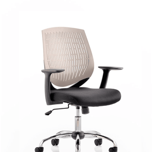 Showing grey air mesh curved backrest with cushioned seat and single lock and tilt lmechanism, chrome 5 star base.