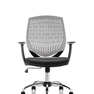 Front view of the grey air mesh backrest with cushioned seat , chrome 5 star base and single lever lock and tilt mechanism.