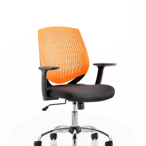 Showing the orange  nylon air mesh backrest, with cushioned seat, fixed nylon armrest.chrome 5 star base.