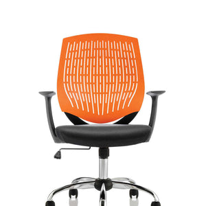 Front view of the orange nylon air mesh backrest, with cushioned seat and  chrome 5 star base.