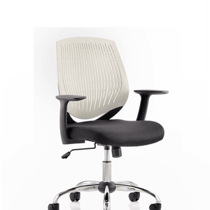 Showing grey air mesh backrest, with cushioned seat  chrome 5 star base.