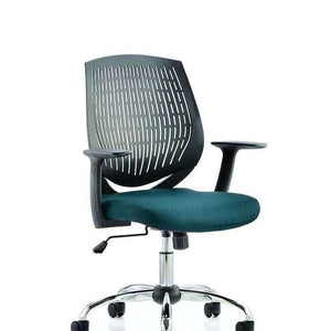 Showing the black air meshed curved backrest with maringa  teal  coloured cushioned seat 