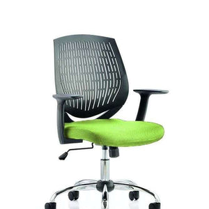 Side vie of the black Air mesh curved backrest with myrrh green coloured cushion seat.