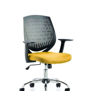 Shoeing the dura chair in black air mesh curved backrest with senna yellow coloured fabric cushion seat.