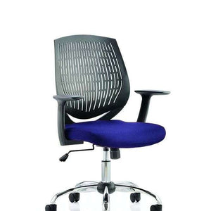 Showing the Stevia blue fabric cushioned seat with black air mesh backrest.