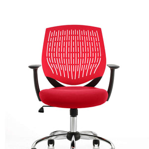 Showing the bergamot cherry coloured cushioned seat and red air mesh backrest.