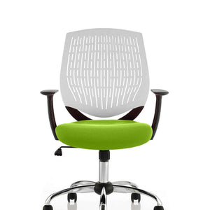 Showing the green coloured fabric seat cushion. with white air mesh curved backrest.