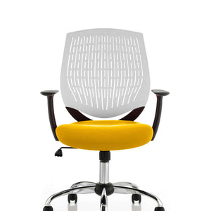 Showing white air mesh curved backrest with senna yellow  fabric cushioned seat.