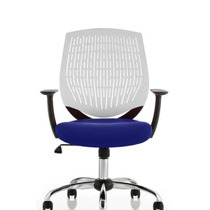 white air meshed curved nylon backrest with stevia blue fabric coloured seat. with chrome 5 star base.