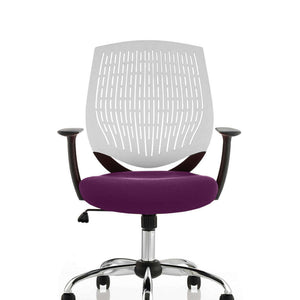 showing the white air mesh curved backrest with the  tansy purple  fabric cushioned seat .