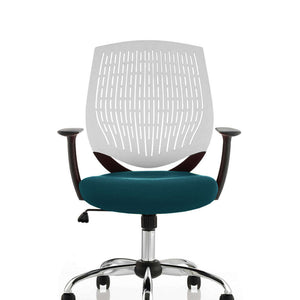 Showing white air mesh backrests with maringa teal coloured fabric seat cushion.