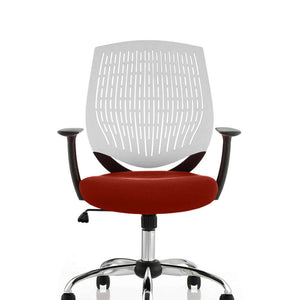 Showing the white air mesh curved backrest with ginseng coloured fabric seat cushion.