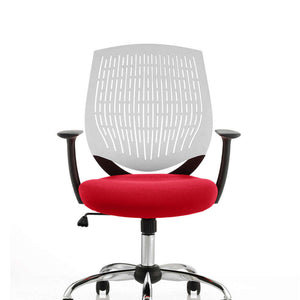 Showing a bergamot cherry coloured fabric seat cushion with white air mesh  backrest.