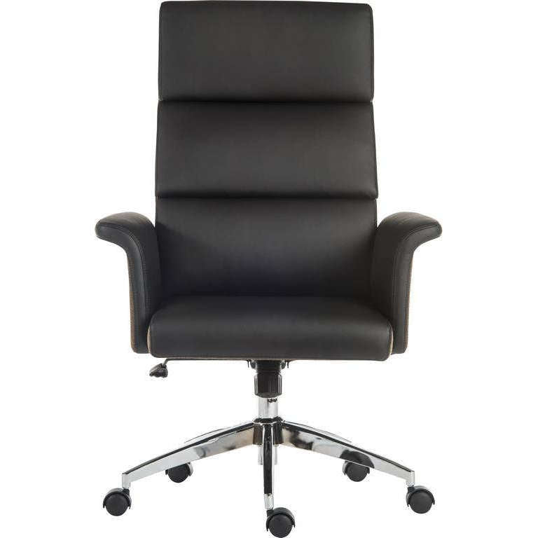 elegance high backed leather look home office chair, winged arms in leather look upholstery in chocolate woven accent fabric, chrome base  8 hours of use a day, rated at 150kg.