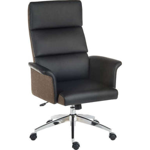 elegance high backed leather look home office chairpadded backrest in chocolate cross woven accent fabric, side view.