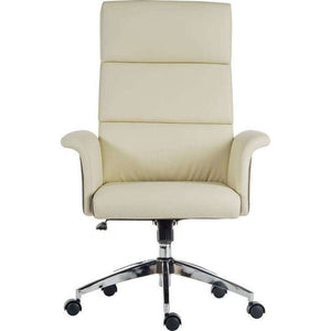 Elegance high backed leather look home office chair, front view, in white wing armed leather look chair. chrome base, 8 hours of use a day. Rated at 150kg.