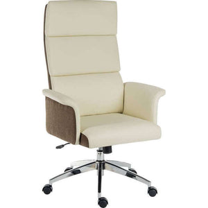 elegance high backed leather look home office chair, in cream with chrome base, up to 8 hours of use a day, rated  150kg.