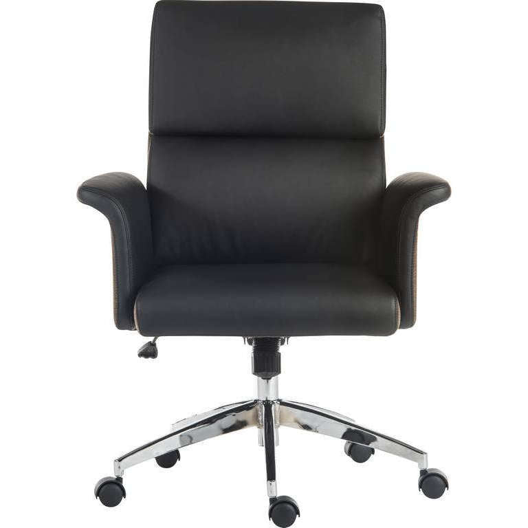 elegance medium backed leather look home office chair, winged armed leather look upholstery, chrome base.