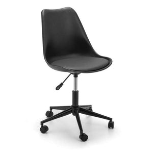 Side view of the erika sleek contemporary home office chair with single adjustable lever and 5 star base with castor wheels.