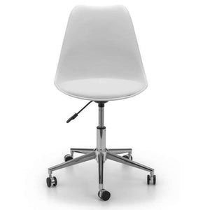 Front view of the white Erika sleek contemporary home  office chair with chrome  5 star  base with castor wheels,