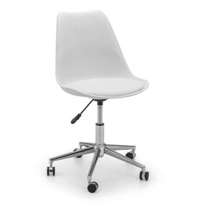 Close up of the white erika sleek contemporary home office chair with adjustable lever and chrome 5 star base, with castor wheels.