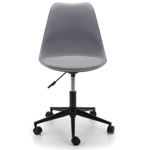 Front view of the grey erika sleek contemporary home office chair with black  5star base , with castor wheels.