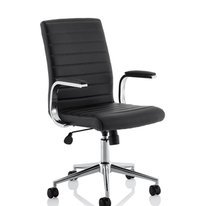 Showing the the black ezra chair with one piece cushioned backrest and cushioned seat and stylish stitching on the side of the seat with boomerang chrome padded armrest with chrome and matching chrome 5 star base .