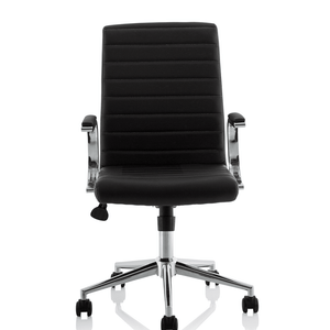 Front view of the ezra chair with one piece cushioned backrest and cushioned seat with stylish stitching  and boomerang armrests and chrome 5 star base.