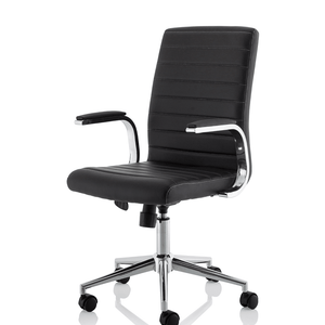 Side view of the black ezra chair with padded chrome boomerang armrests, and chrome 5 star base.