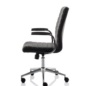 Right side view of the ezra chair in black with padded chrome boomerang armrests and chrome 5star base with black castor wheels.