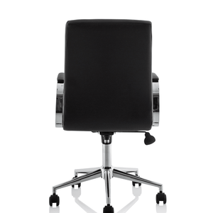 Full back view of the black ezra home office chair with chrome padded armrests and chrome 5 star base.