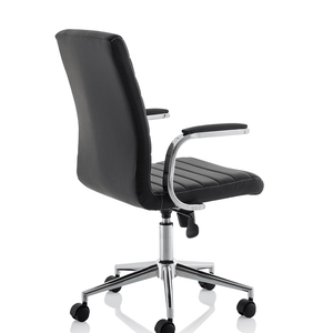 Side view of the black ezra chair with contoured backrest padded chrome boomerang armrests, with chrome 5 star base with black castor wheels .