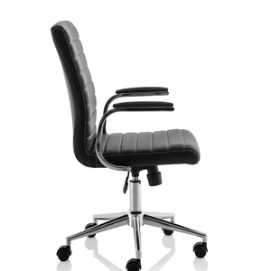 Side view of the black ezra chair one piece padded backrest and cushioned seat with stylish stitching padded chrome boomerang style armrests and chrome 5 star base with black castor wheels.